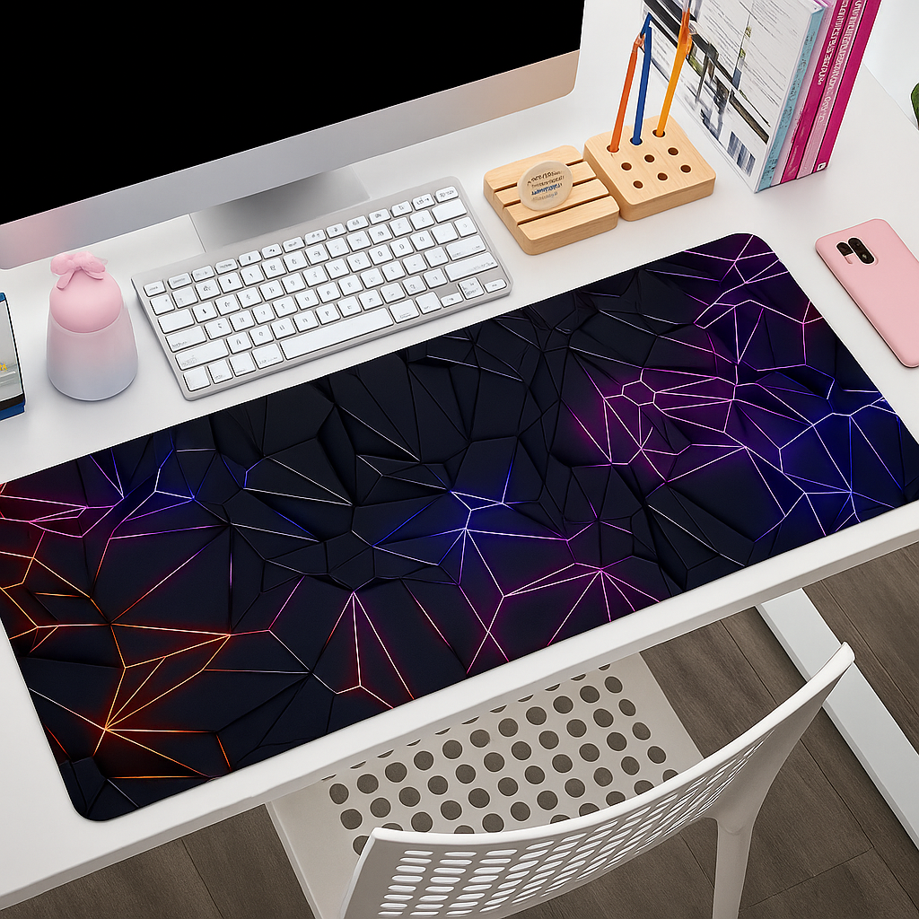Geometric RGB Glow Desk Mat – Extended Anti-Slip Gaming & Office Desk Pad (UHD Print)
