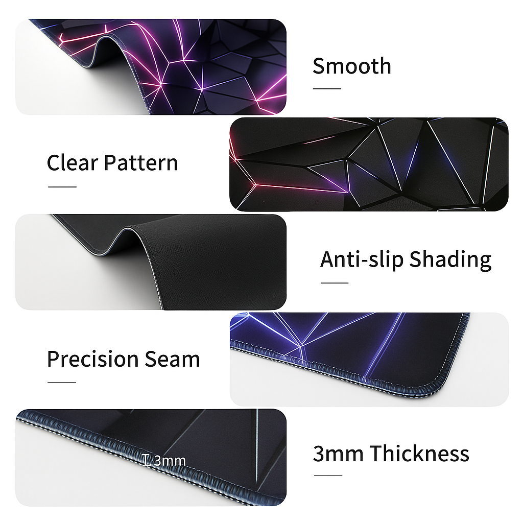 Geometric RGB Glow Desk Mat – Extended Anti-Slip Gaming & Office Desk Pad (UHD Print)