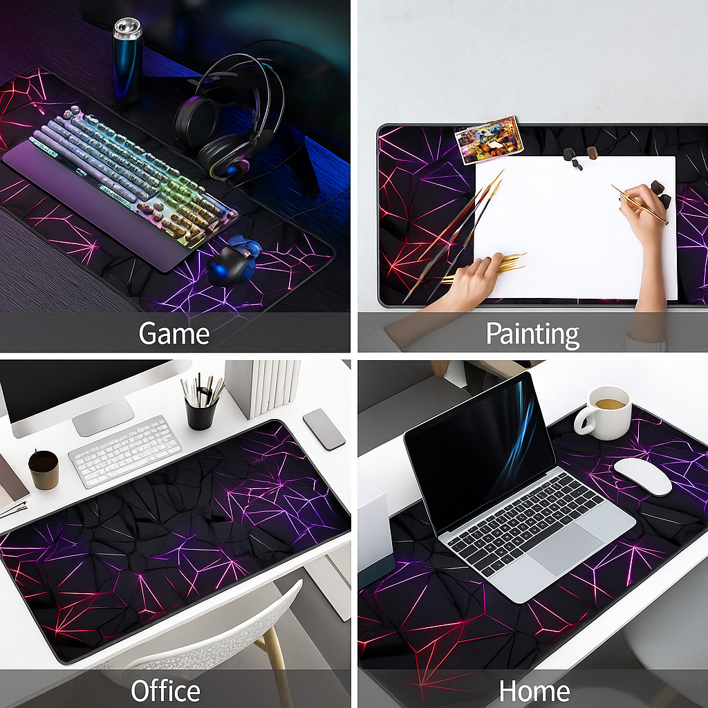 Geometric RGB Glow Desk Mat – Extended Anti-Slip Gaming & Office Desk Pad (UHD Print)