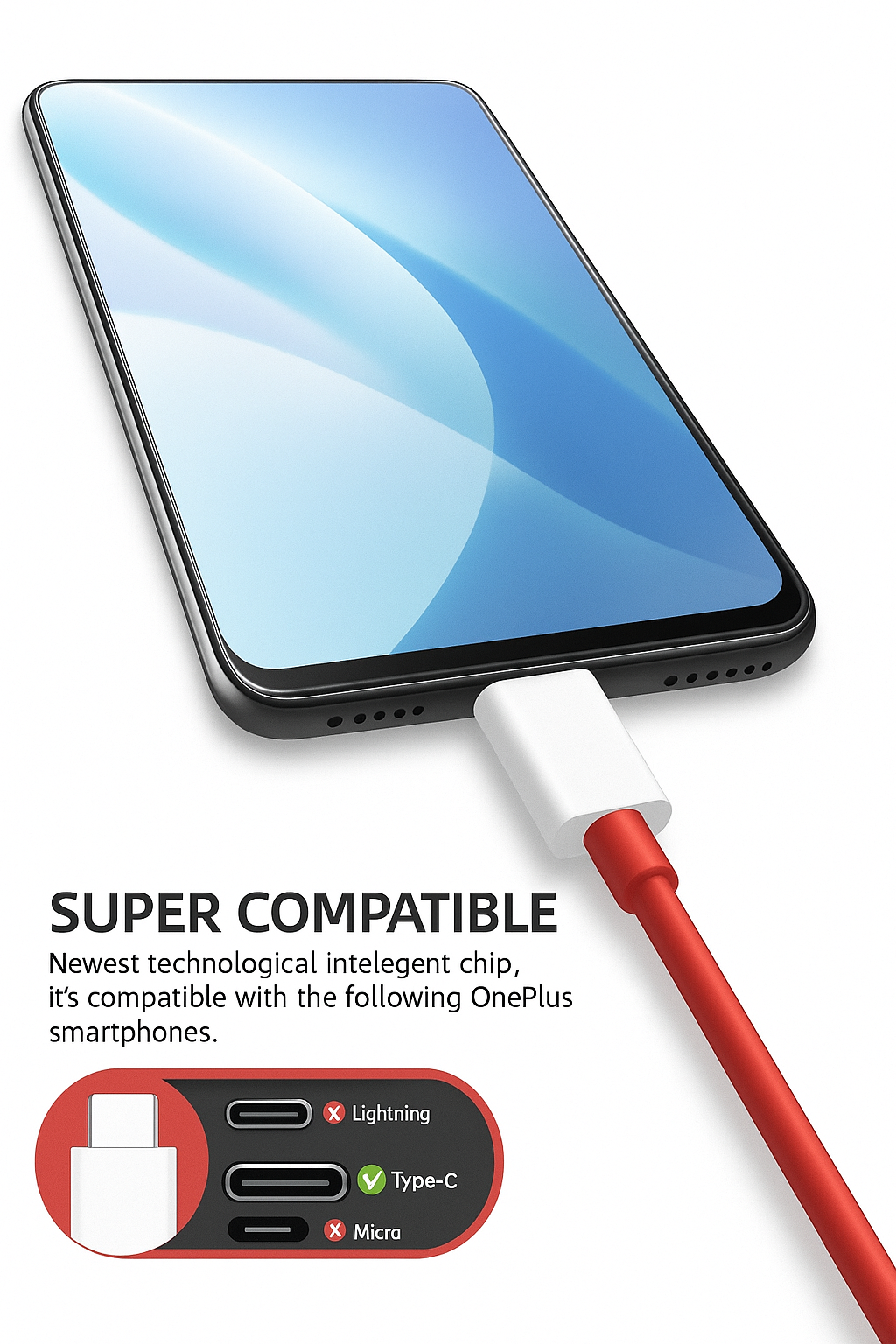 USB Type C Cable 6.5 A 1 m original 65W/6.5A Superdart, Warp, Dash, Vooc, Superdart Fast Charger Cable