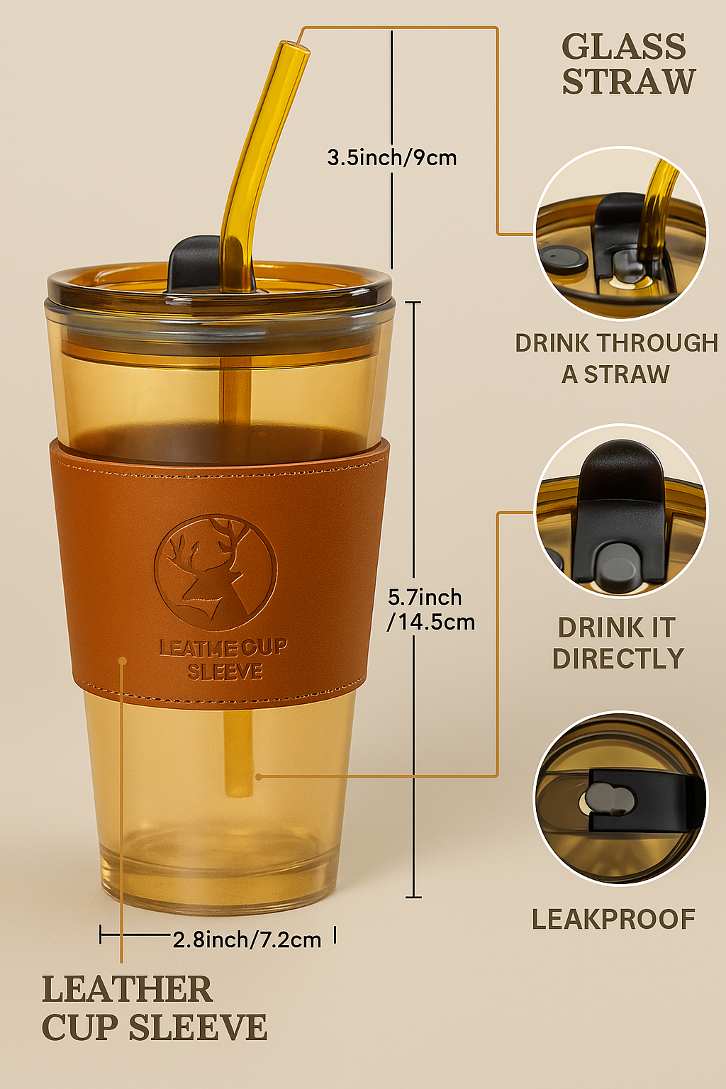 Glass Coffee Tumbler With Leather Grip Mug (450 ml)